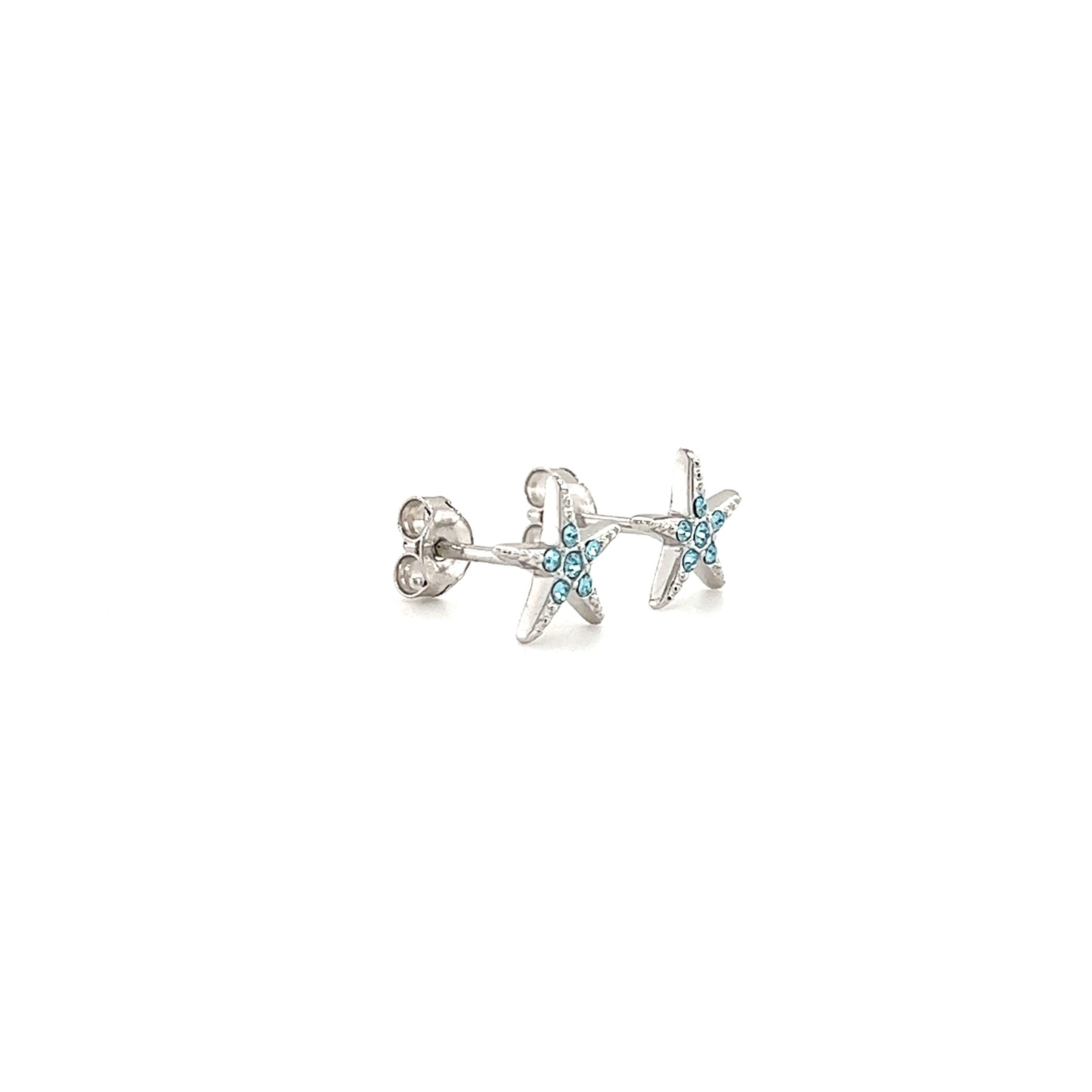 Starfish Stud Earrings with Aqua Crystals in Sterling Silver Left Side View