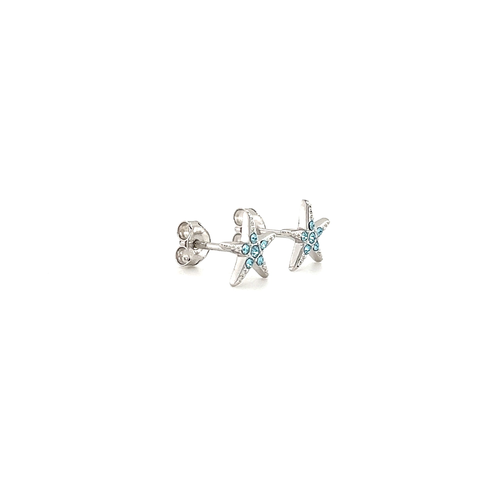 Starfish Stud Earrings with Aqua Crystals in Sterling Silver Left Side View