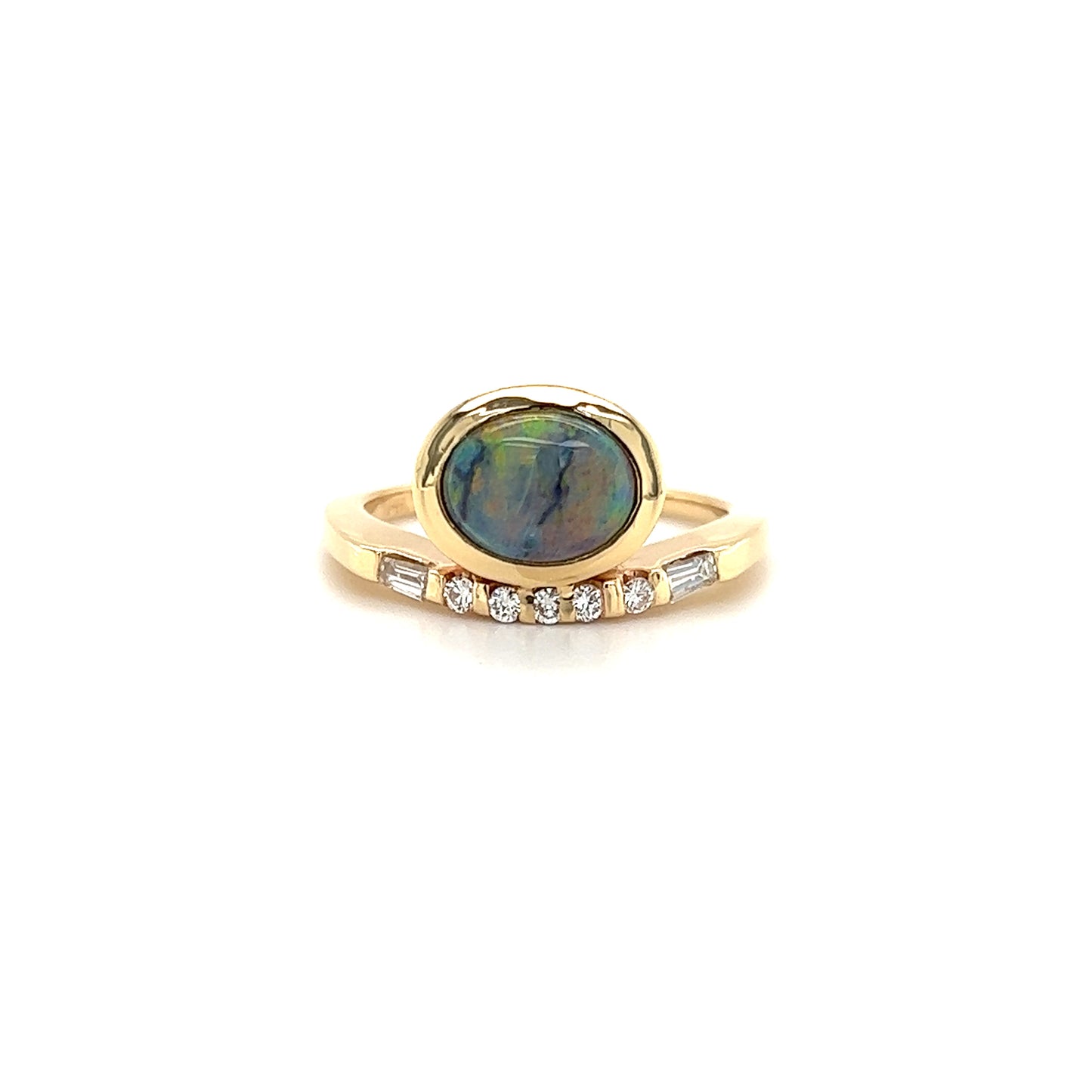 Black Opal Ring with Seven Side Diamonds in 14K Yellow Gold Front View