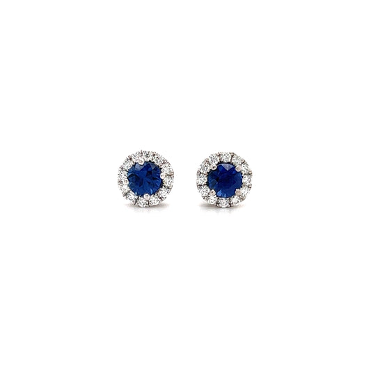 Blue Sapphire Stud Earrings with Diamond Halo in 14K White Gold Front View