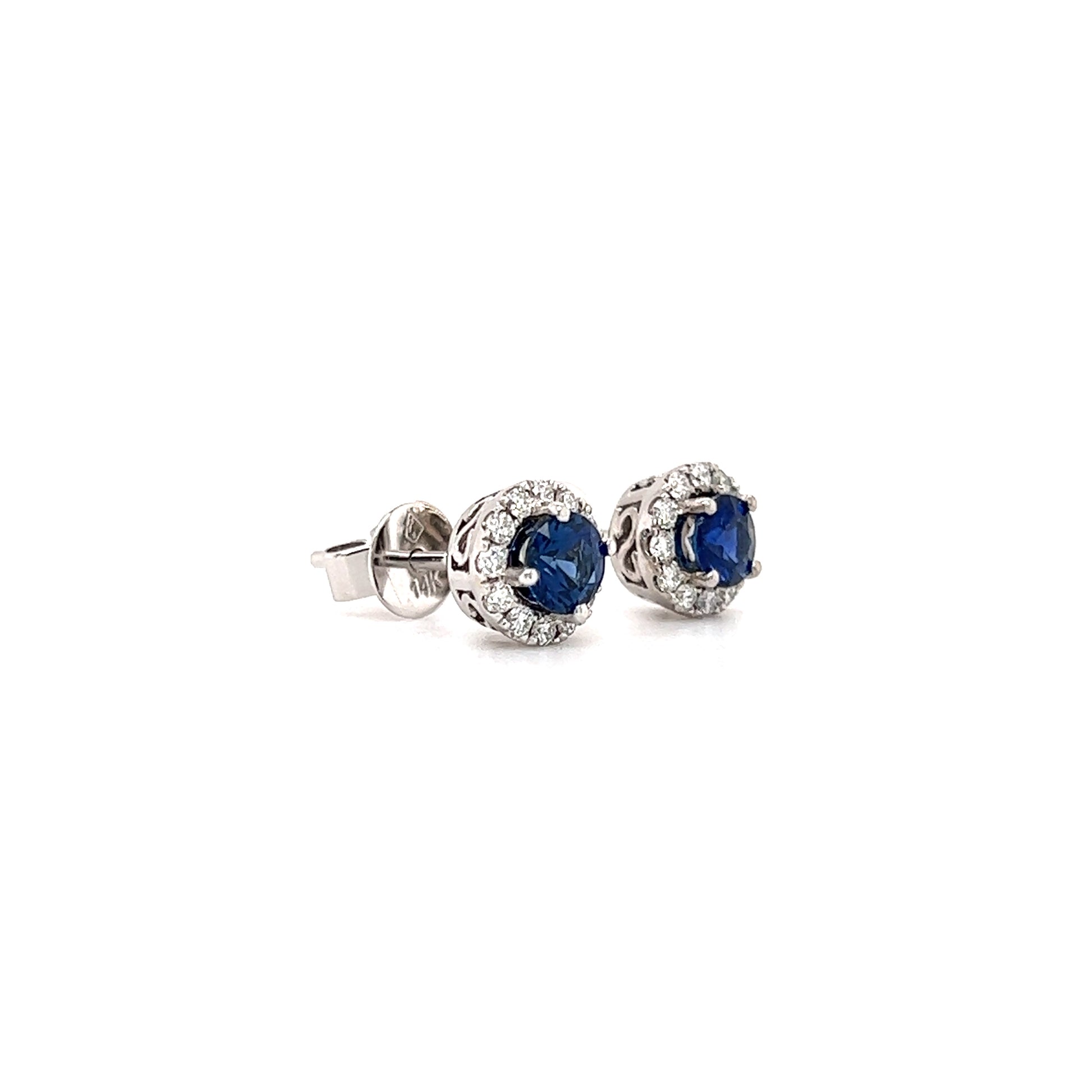 Blue Sapphire Stud Earrings with Diamond Halo in 14K White Gold Left Side View