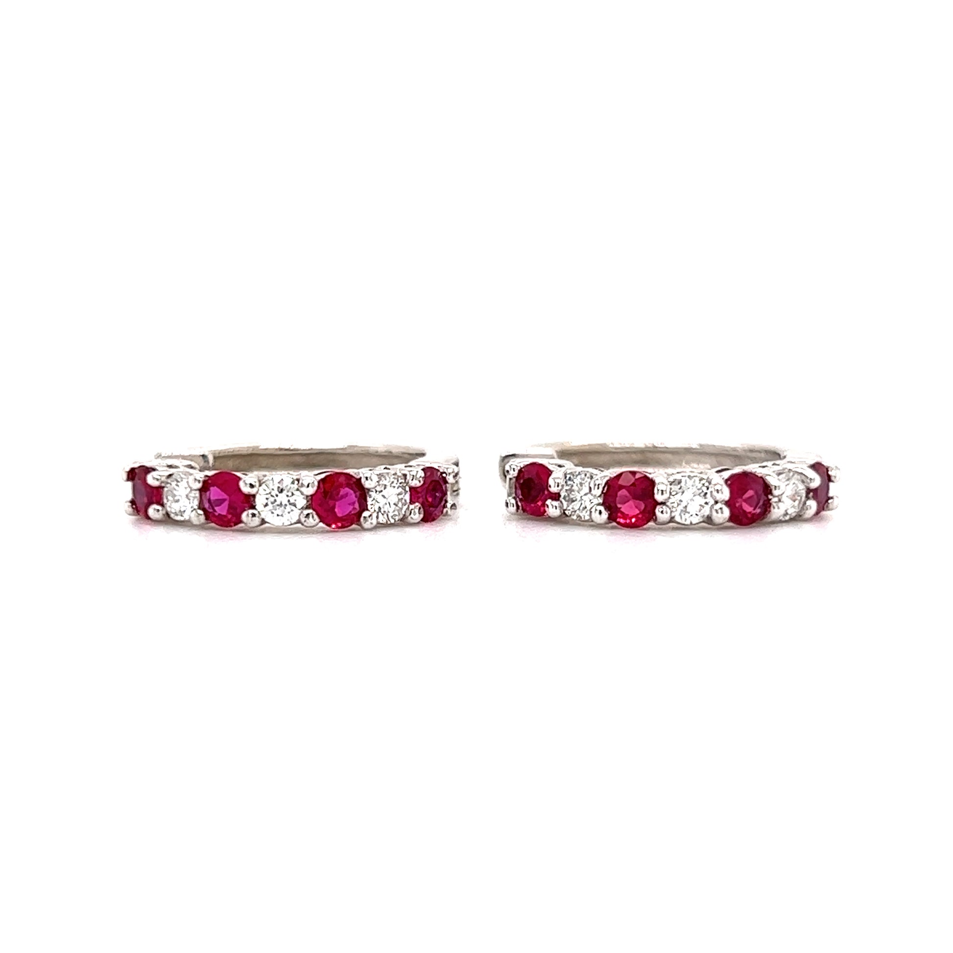 Ruby Hoop Earrings with Six Round Diamonds in 14K White Gold Front Flat View