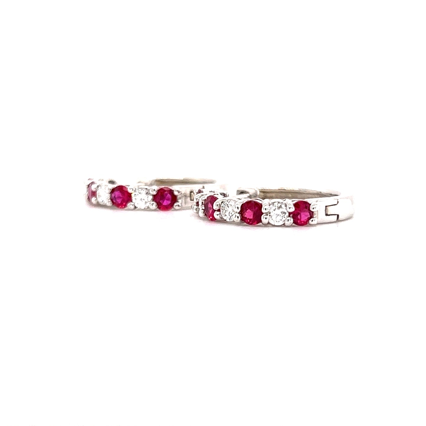 Ruby Hoop Earrings with Six Round Diamonds in 14K White Gold Left Side View