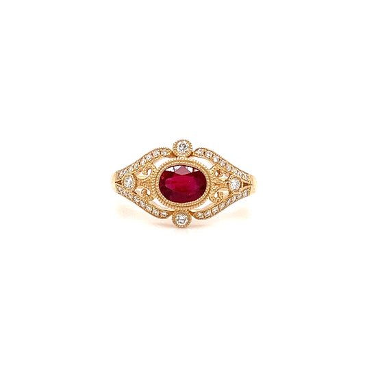 Oval Ruby Ring with Side Diamonds and Filigree in 14K Yellow Gold Front View