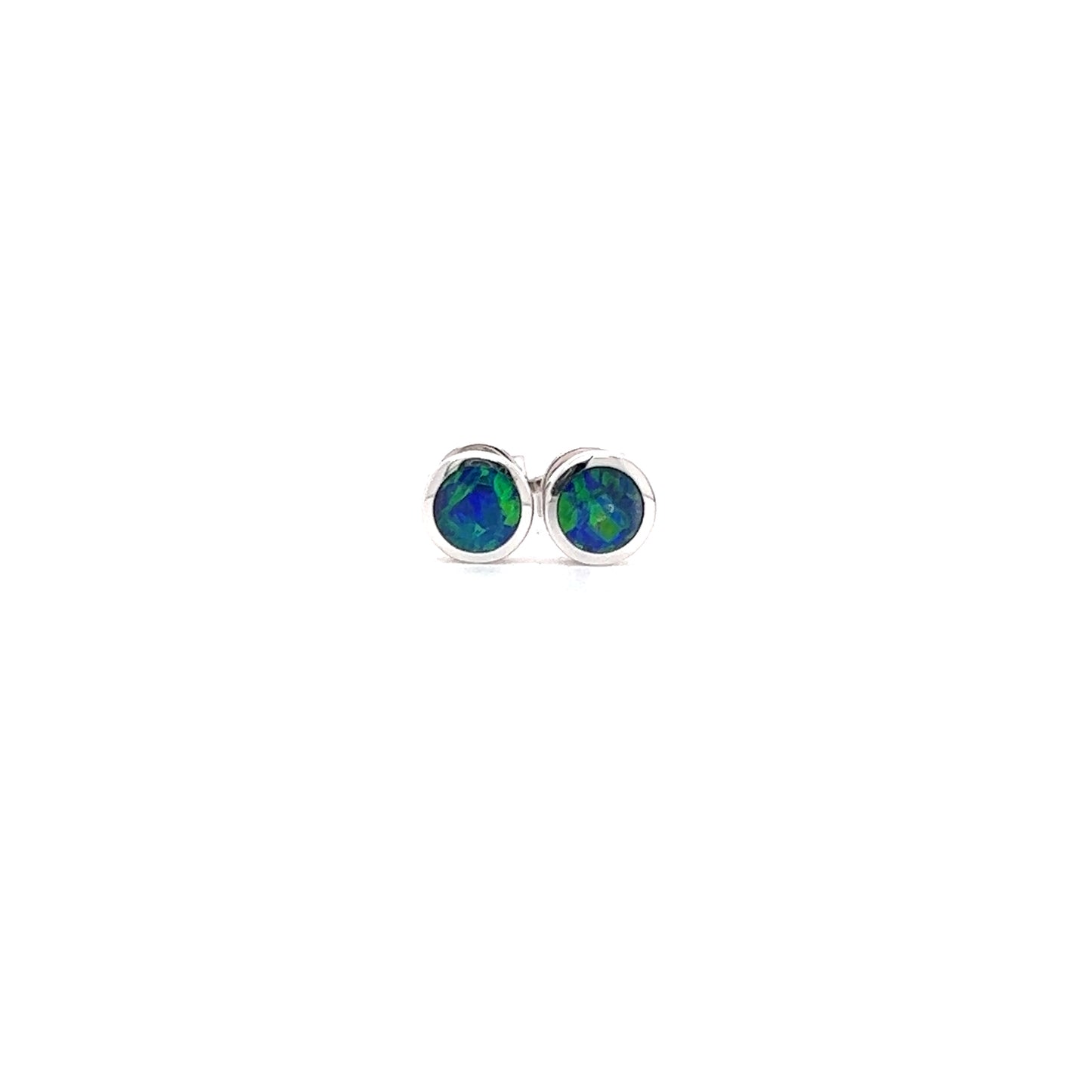 Black Opal Stud Earrings in 14K White Gold Front View