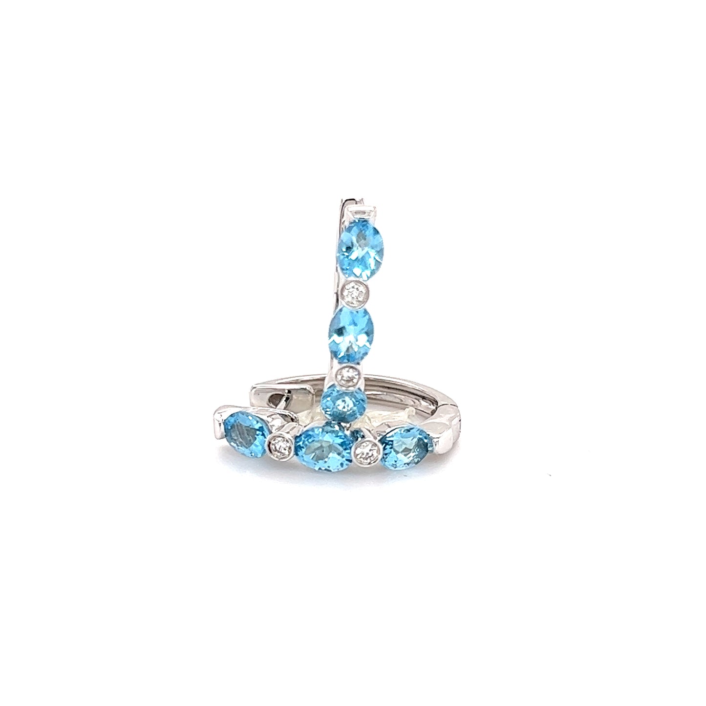 Aquamarine Hoop Earrings with Four Diamonds in 14K White Gold Front View Alternative