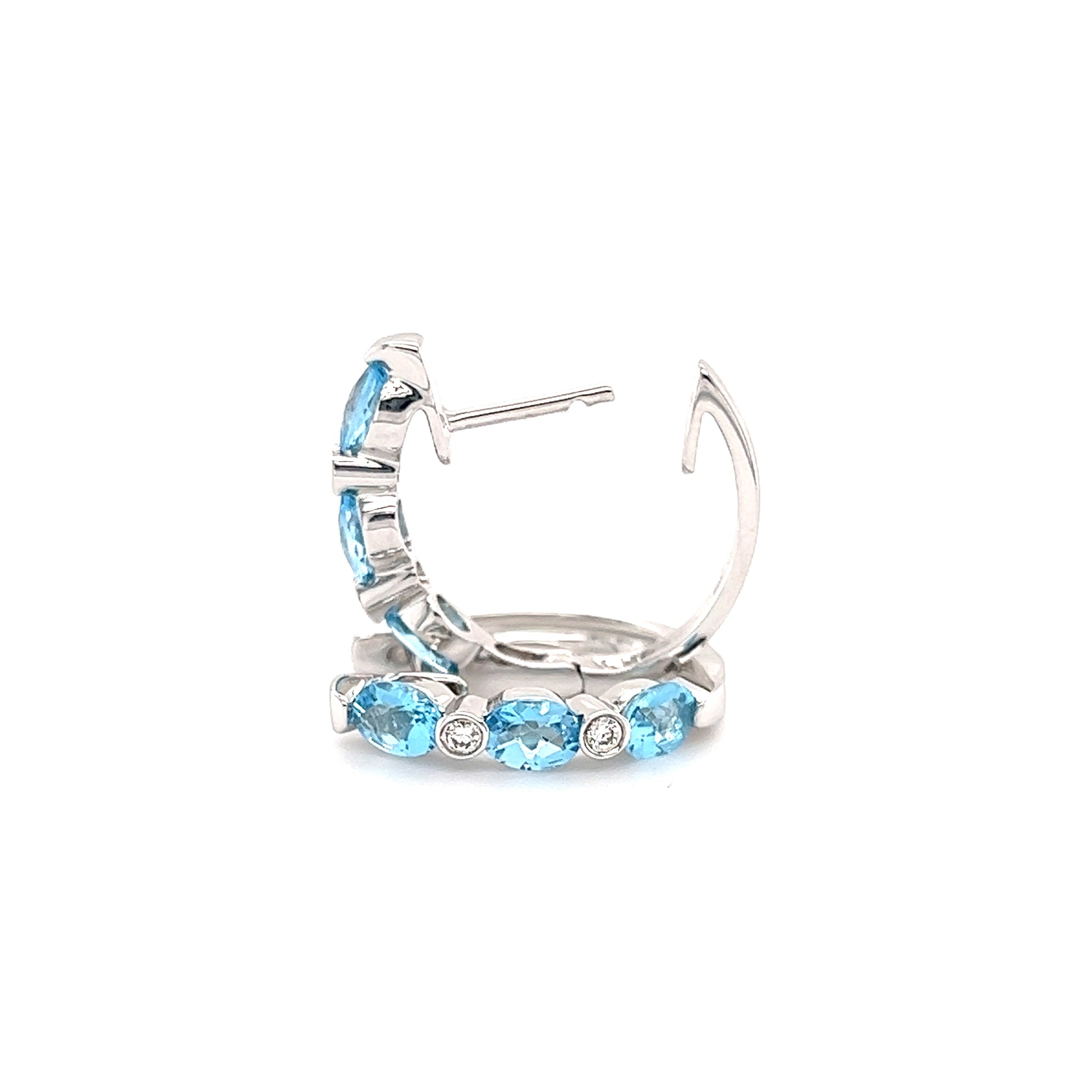 Aquamarine Hoop Earrings with Four Diamonds in 14K White Gold Front and Side View With Open Clasp