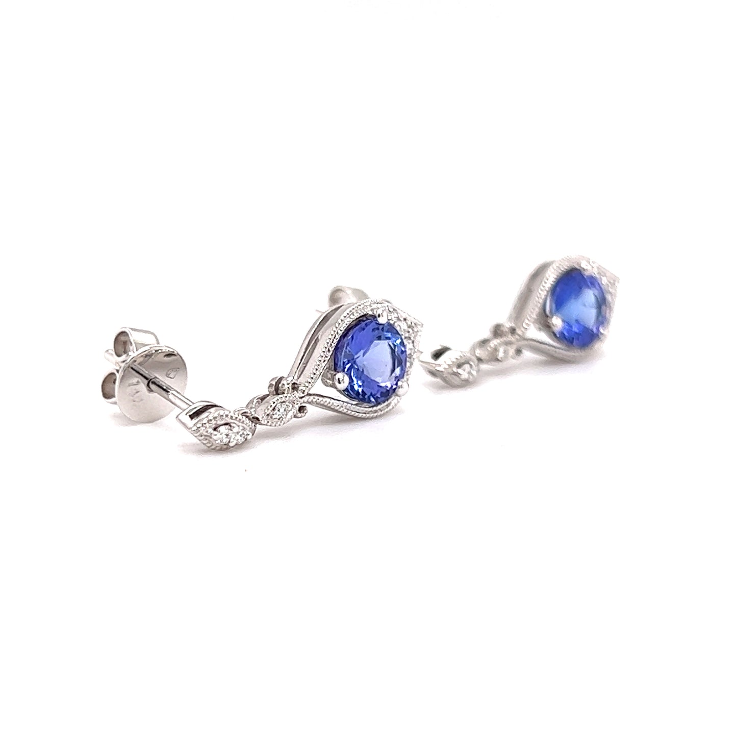 Round Tanzanite Drop Earrings with Twenty Diamonds in 14K White Gold Left Side View
