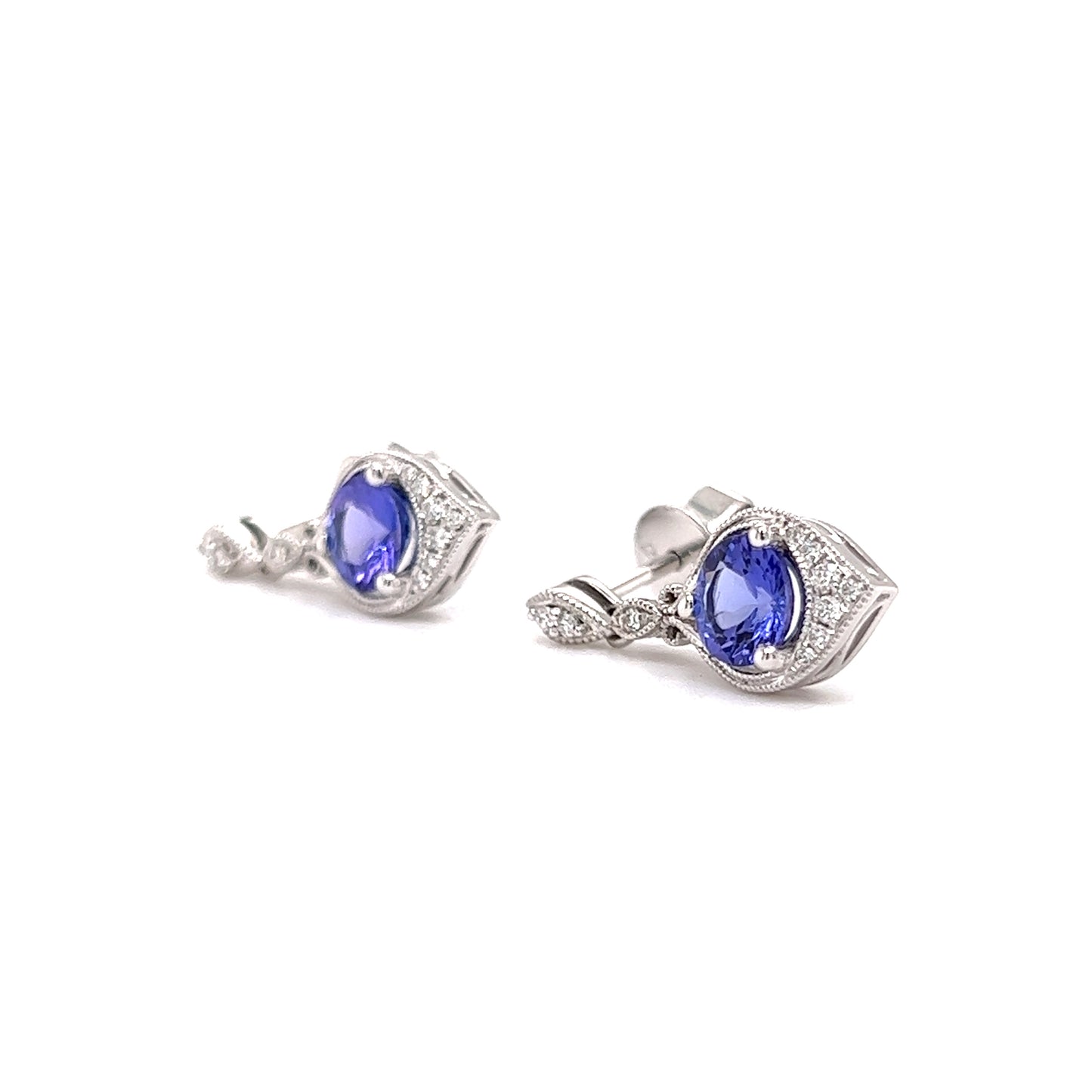 Round Tanzanite Drop Earrings with Twenty Diamonds in 14K White Gold Right Side View