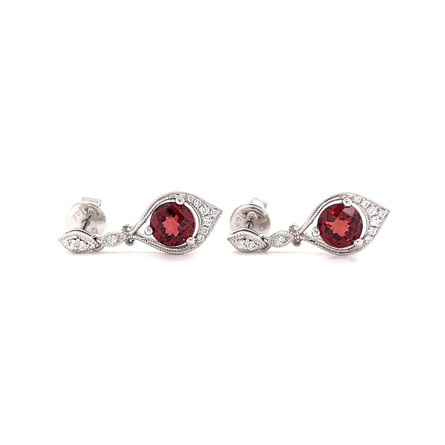 Round Garnet Drop Earrings with Twenty Diamonds in 14K Yellow Gold Front Flat View