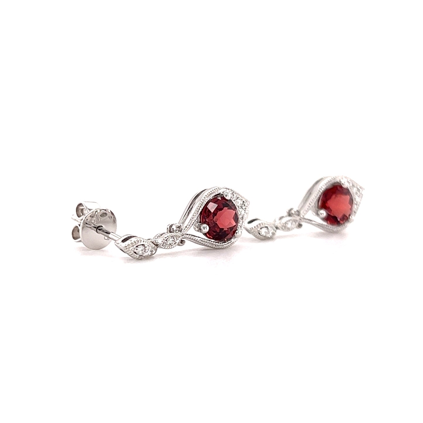 Round Garnet Drop Earrings with Twenty Diamonds in 14K Yellow Gold Left Side View
