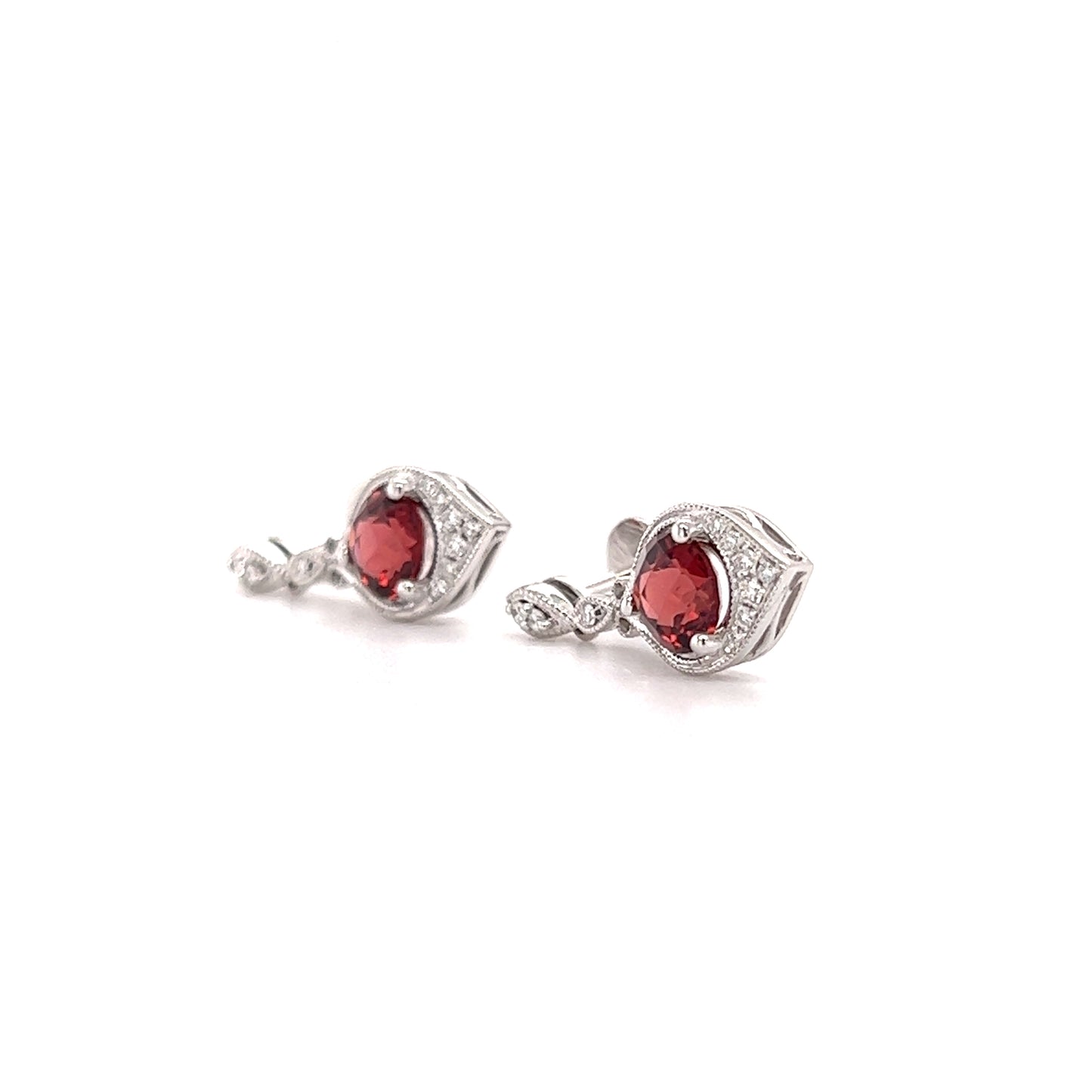 Round Garnet Drop Earrings with Twenty Diamonds in 14K Yellow Gold Right Side View