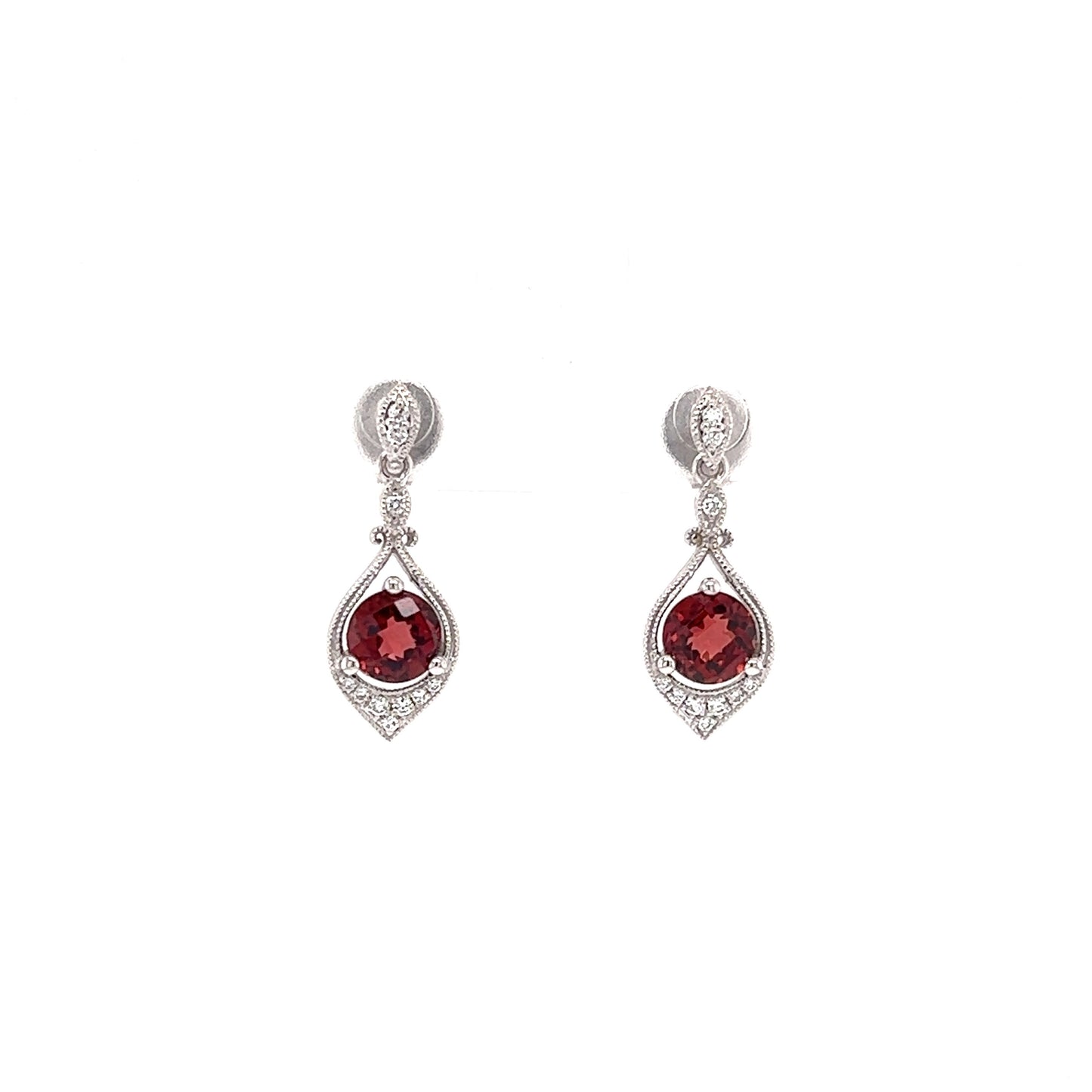 Round Garnet Drop Earrings with Twenty Diamonds in 14K Yellow Gold Hanging Front View