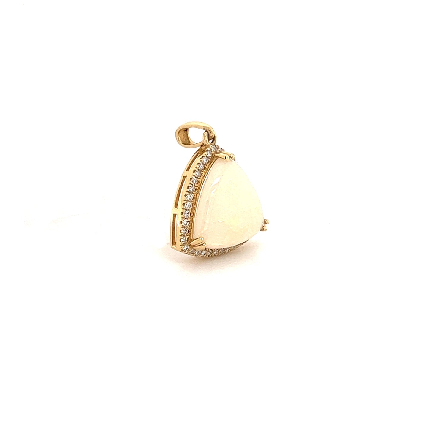 White Opal Pendant with Diamond Halo in 14K Yellow Gold Left Side View