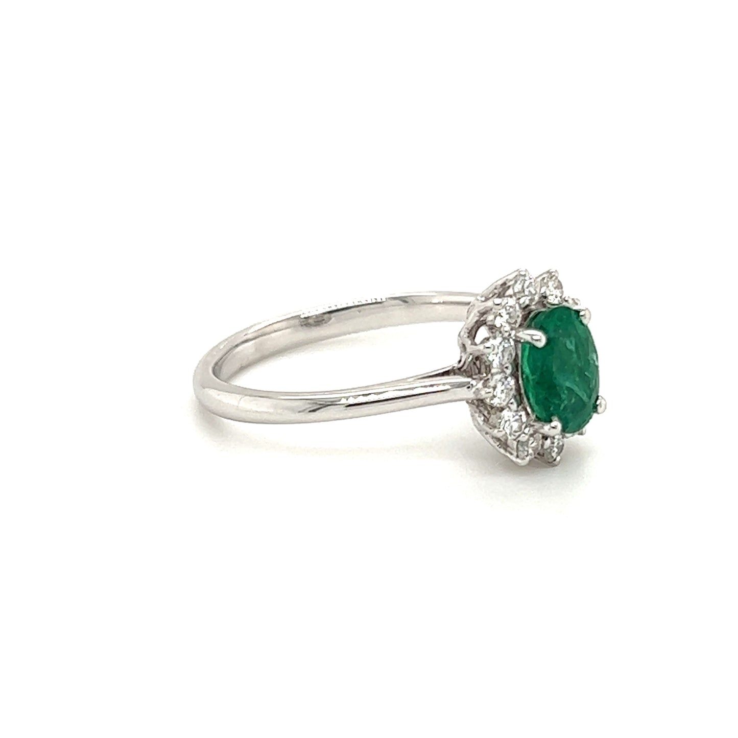 Oval Emerald Ring with Floral Diamond Halo in 18K White Gold Left Side
