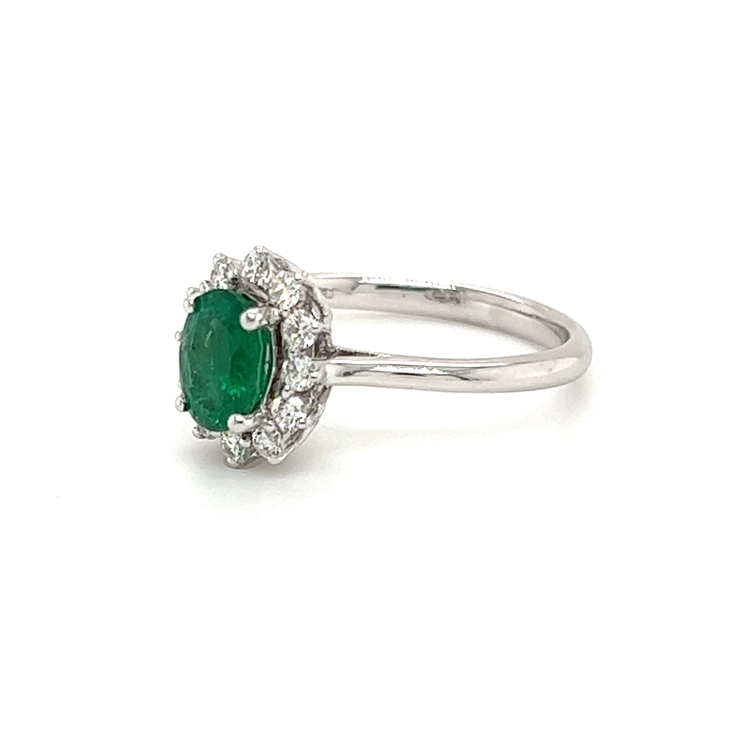 Oval Emerald Ring with Floral Diamond Halo in 18K White Gold Right Side