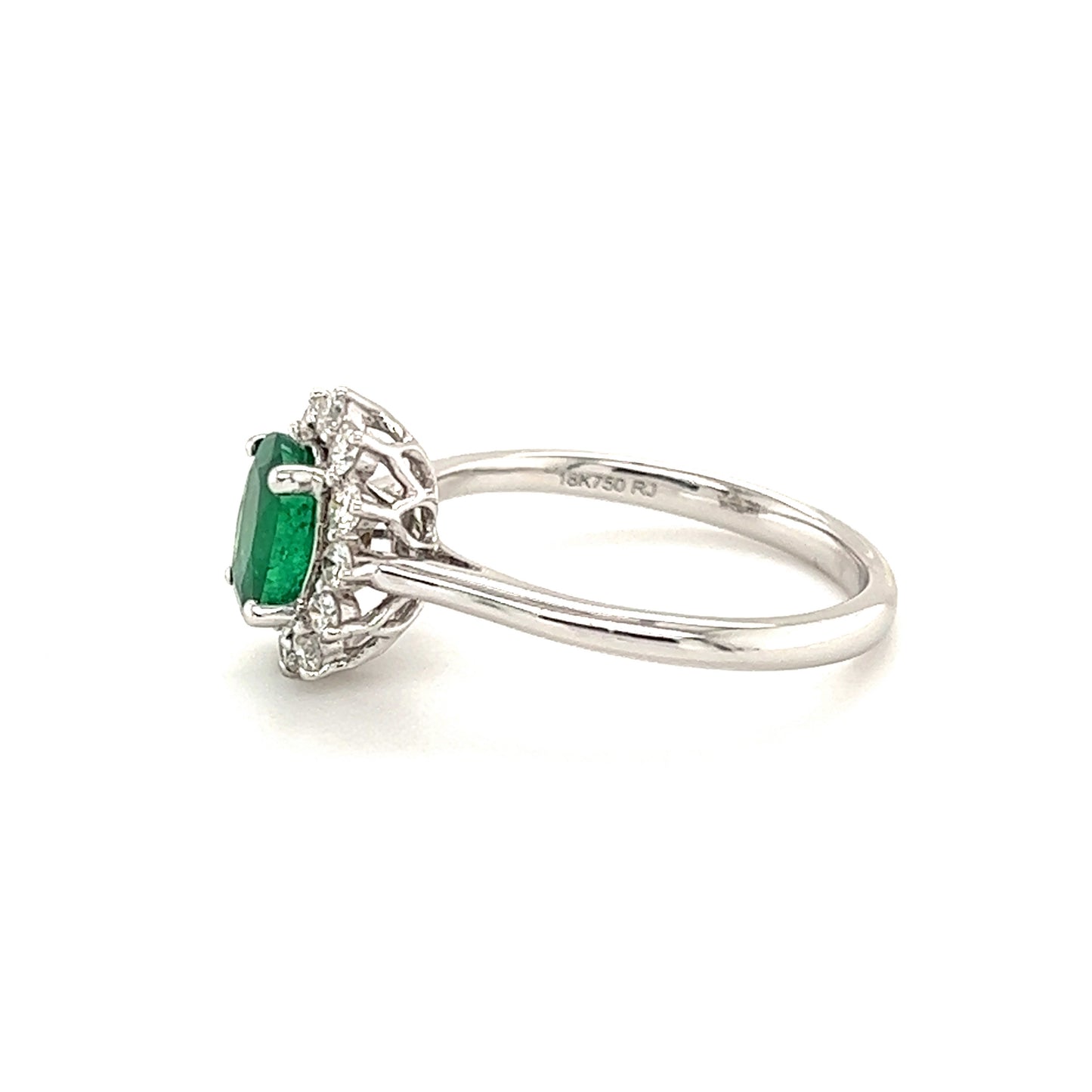 Oval Emerald Ring with Floral Diamond Halo in 18K White Gold Right Side View