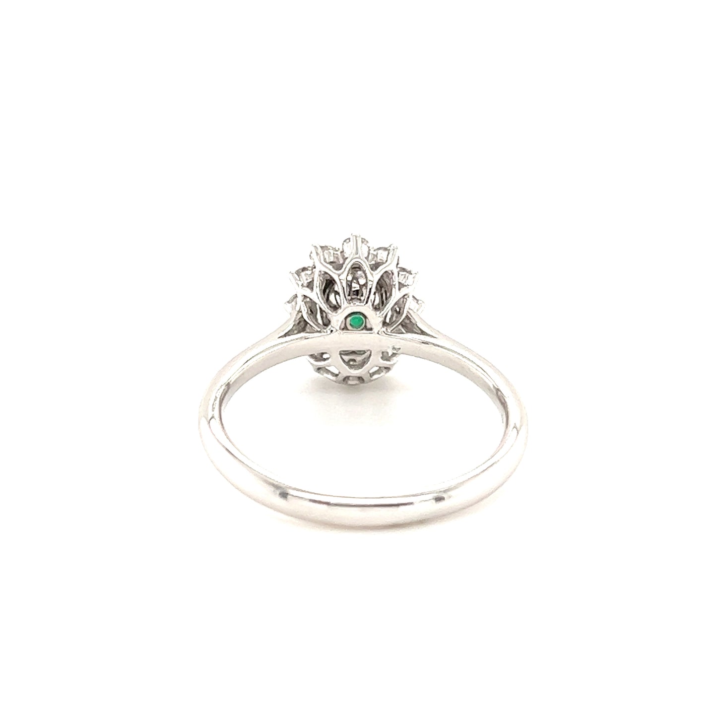 Oval Emerald Ring with Floral Diamond Halo in 18K White Gold Back View