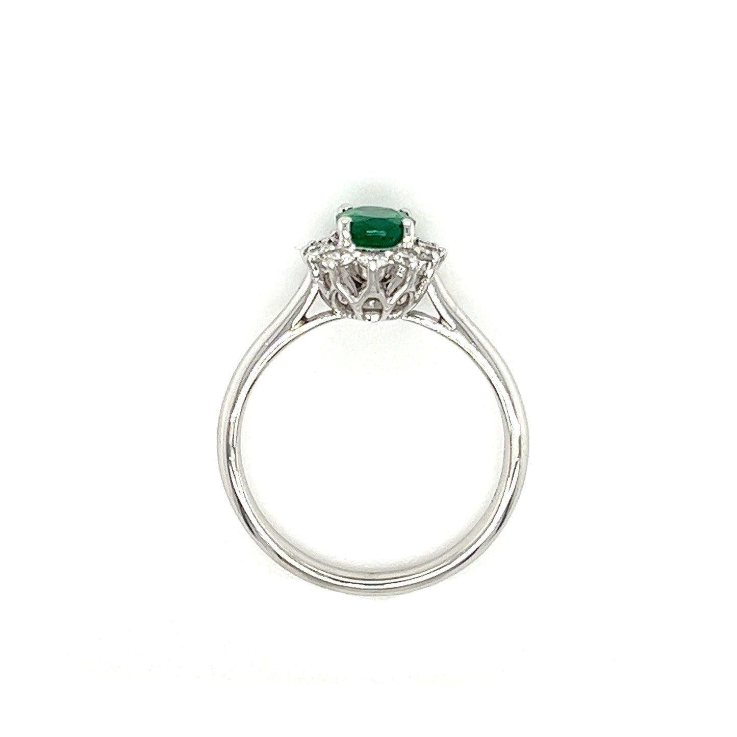 Oval Emerald Ring with Floral Diamond Halo in 18K White Gold Top View