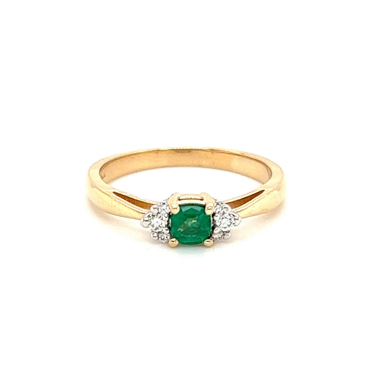 Cushion Emerald Ring in 14k Yellow Gold with Side Diamonds Front