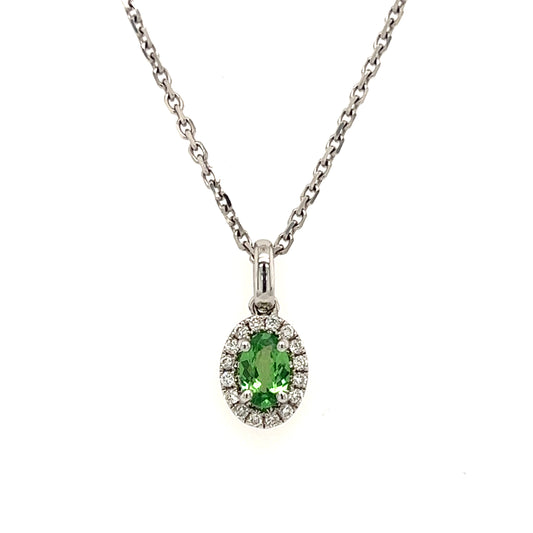 Oval Tsavorite Necklace with Diamond Halo in 14K White Gold Front View
