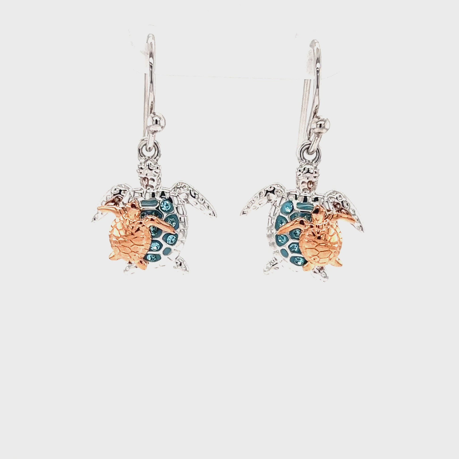 Sea Turtle Dangle Earrings with Rose Gold Accent in Sterling Silver Video