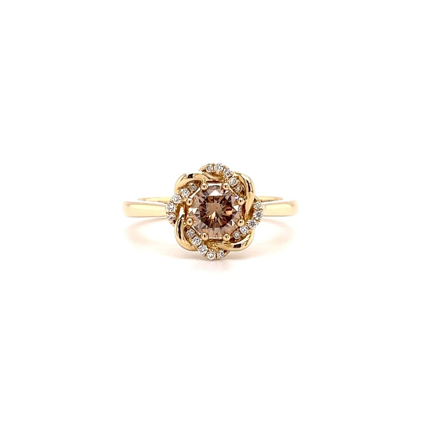 Brown Diamond Ring with Twisted Diamond Halo in 14K Yellow Gold Front View