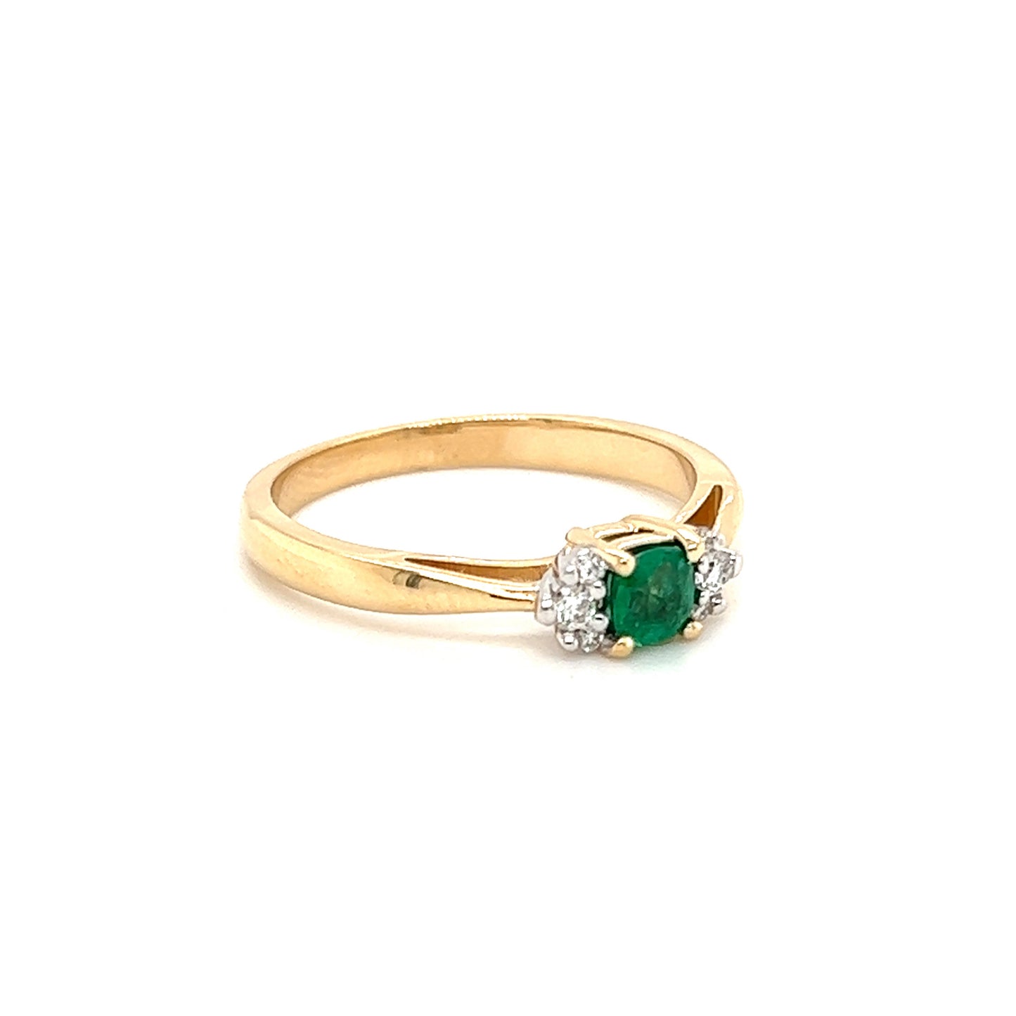 Cushion Emerald Ring in 14k Yellow Gold with Side Diamonds Left Side