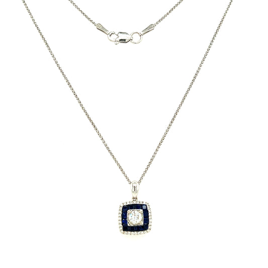 Round Diamond Necklace with Thirty-Two Accent Diamonds and Twelve Ceylon Sapphires in 14K and 10K White Gold Full Necklace View