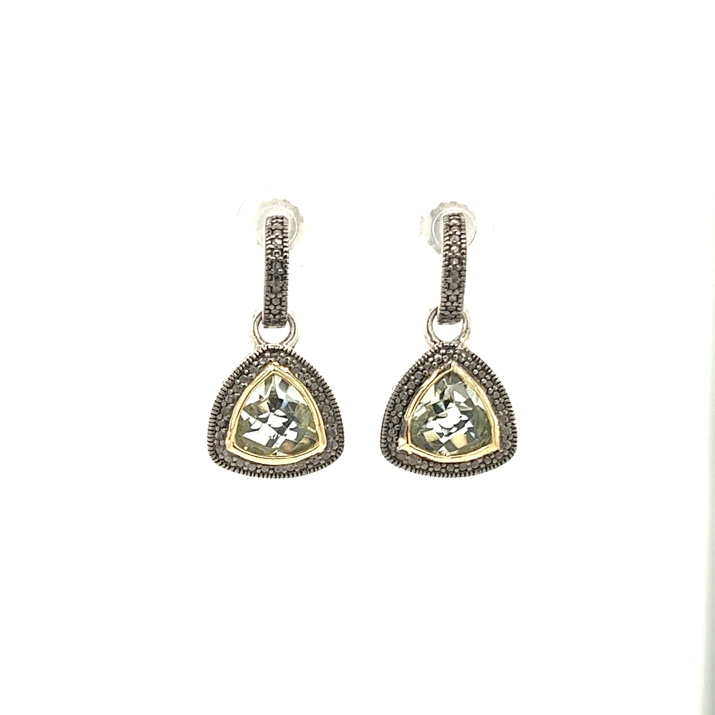 Trillion Green Quartz Dangle Earrings with 14K Yellow Gold Accent in Sterling Silver Front View