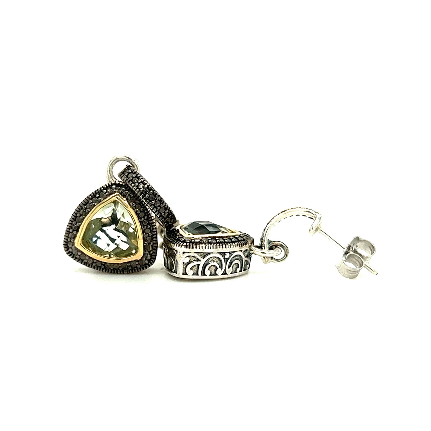 Trillion Green Quartz Dangle Earrings with 14K Yellow Gold Accent in Sterling Silver Front and Side View