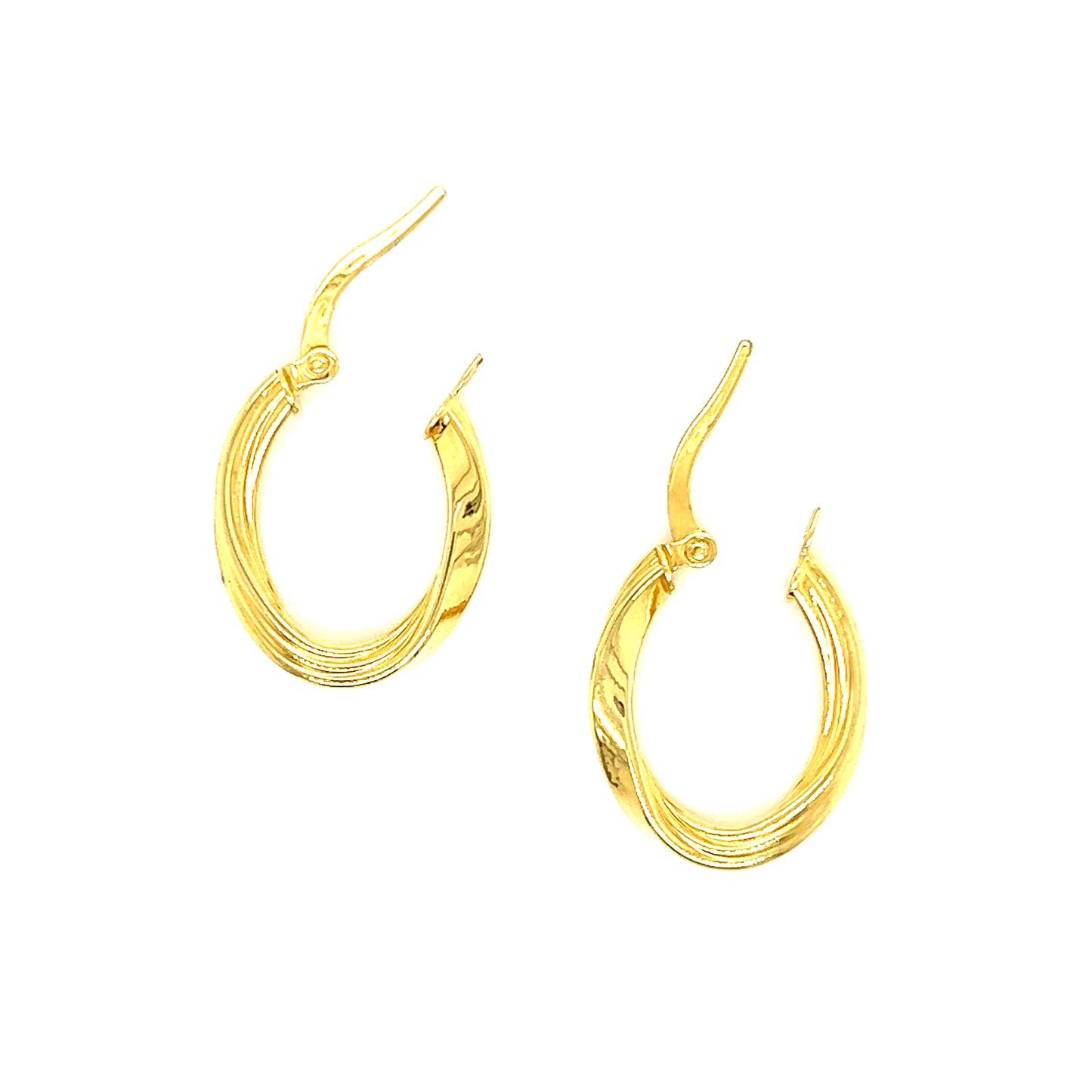 Twisted Oval Hoop Earrings in 14K Yellow Gold Top View with Opened Clasp