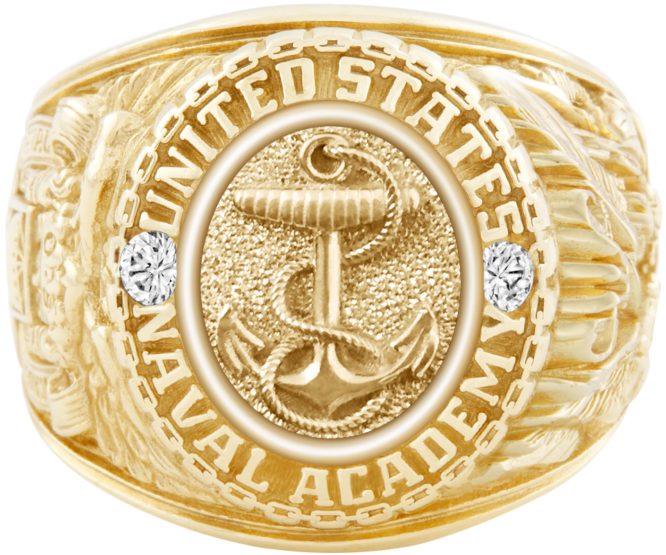 USNA Class Ring Mod Anchors Aweigh Centerpiece Yellow Gold Diamond Dividers