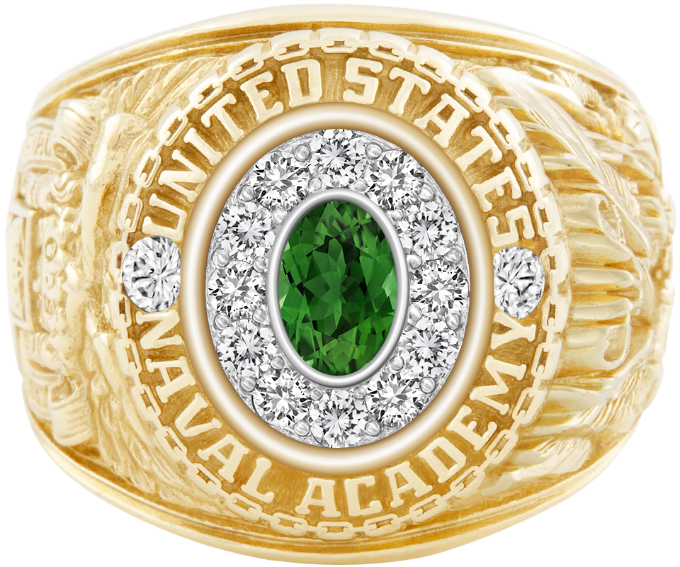 USNA Class Ring Mod Pro M12 Green Tourmaline Diamond Dividers
