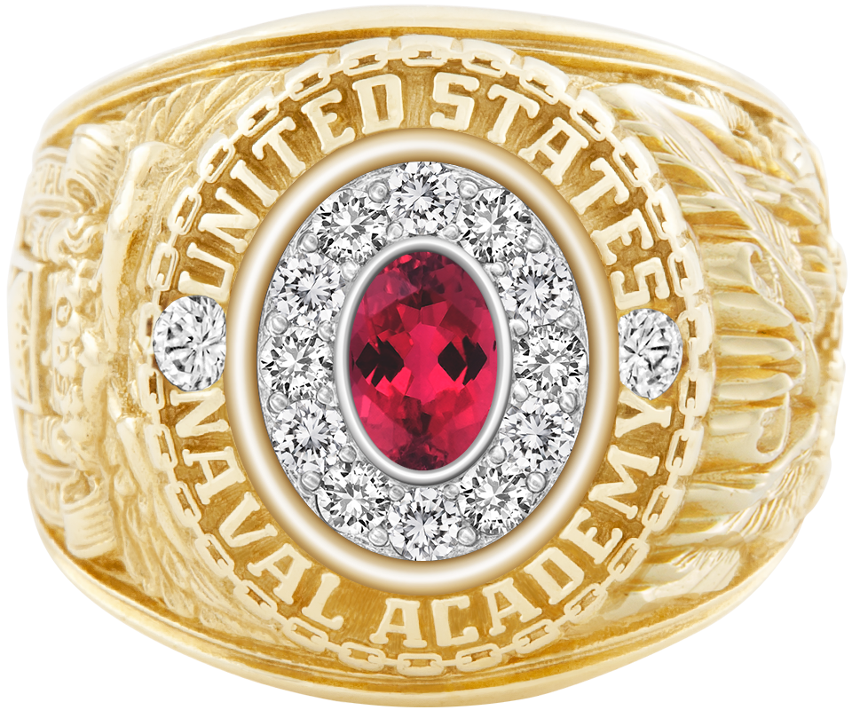 USNA Class Ring Mod Pro M12 Red Tourmaline Diamond Dividers