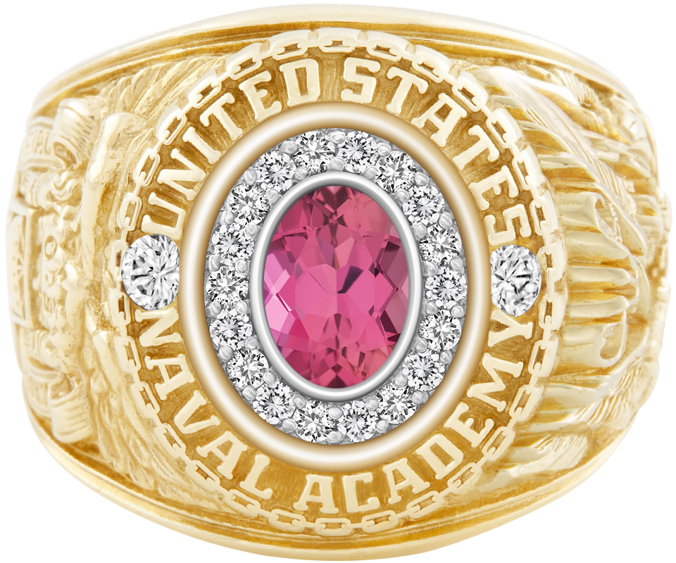 USNA Class Ring Mod Pro M18 Pink Tourmaline Diamond Dividers