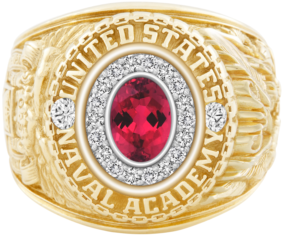 USNA Class Ring Mod Pro M18 Red Tourmaline Diamond Dividers
