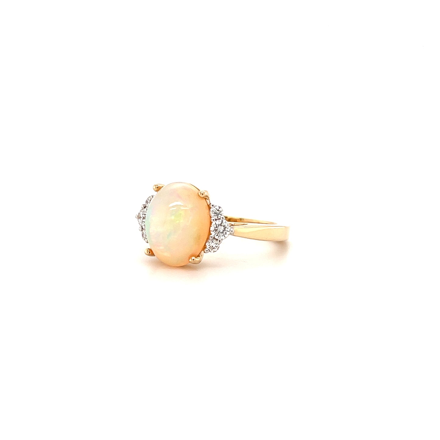 White Ethiopian Opal Ring with Six Side Diamonds in 14K Yellow Gold Right Side View