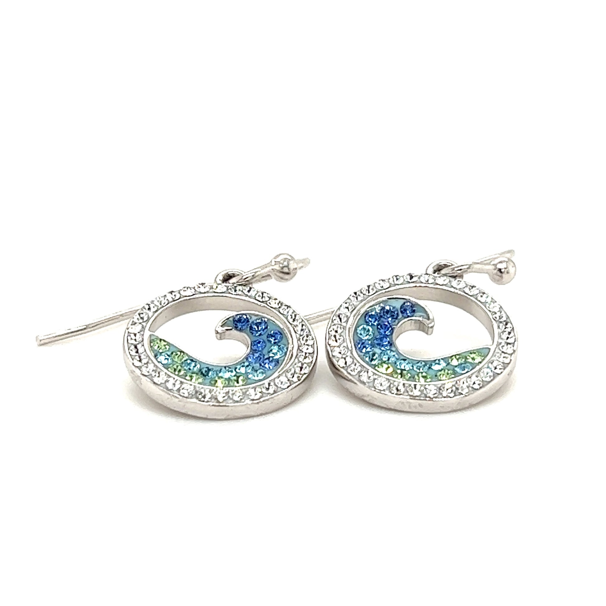 Wave Dangle Earrings in Sterling Silver with Crystals Front Upper View
