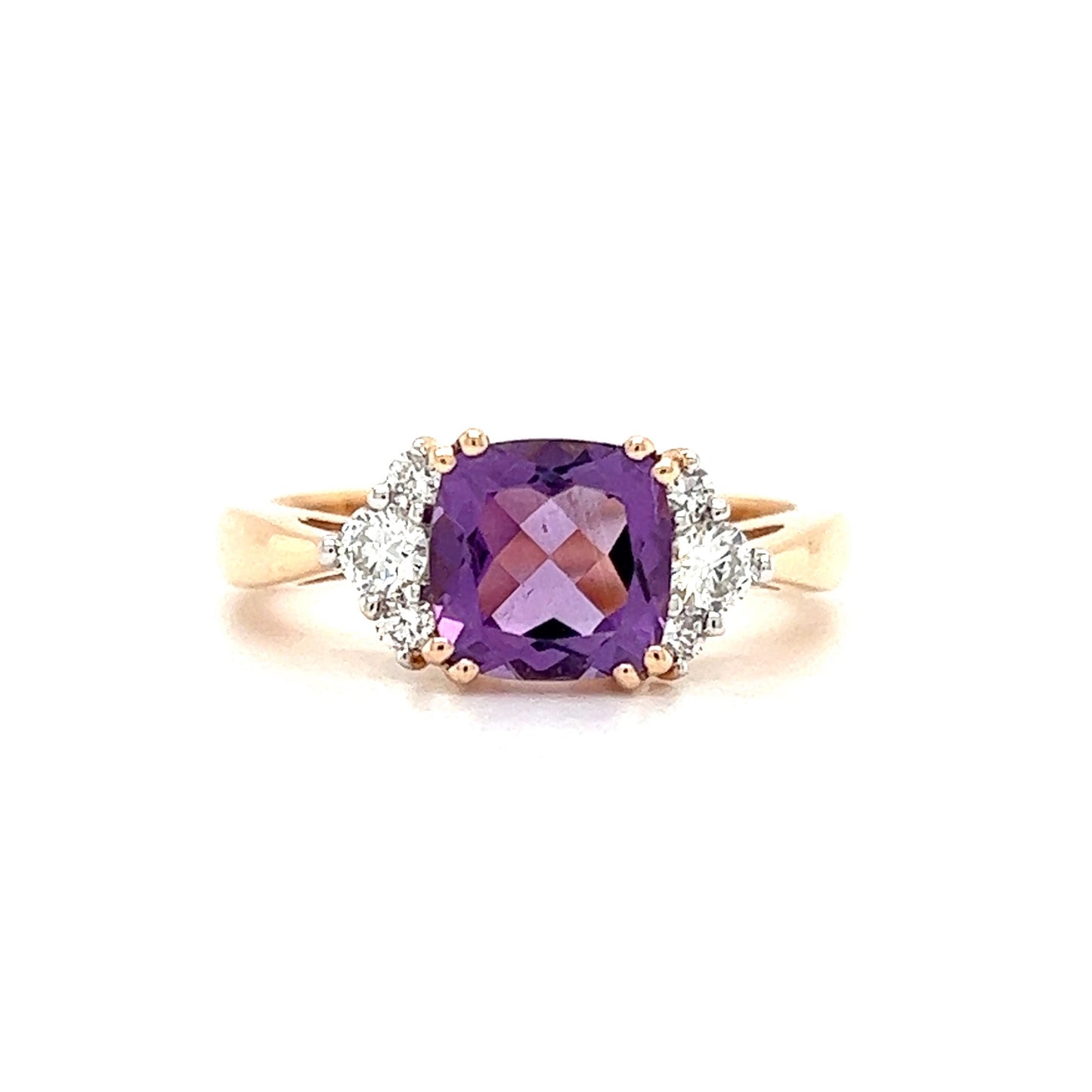 Cushion Amethyst Ring in 14K Rose Gold with Side Diamonds Front
