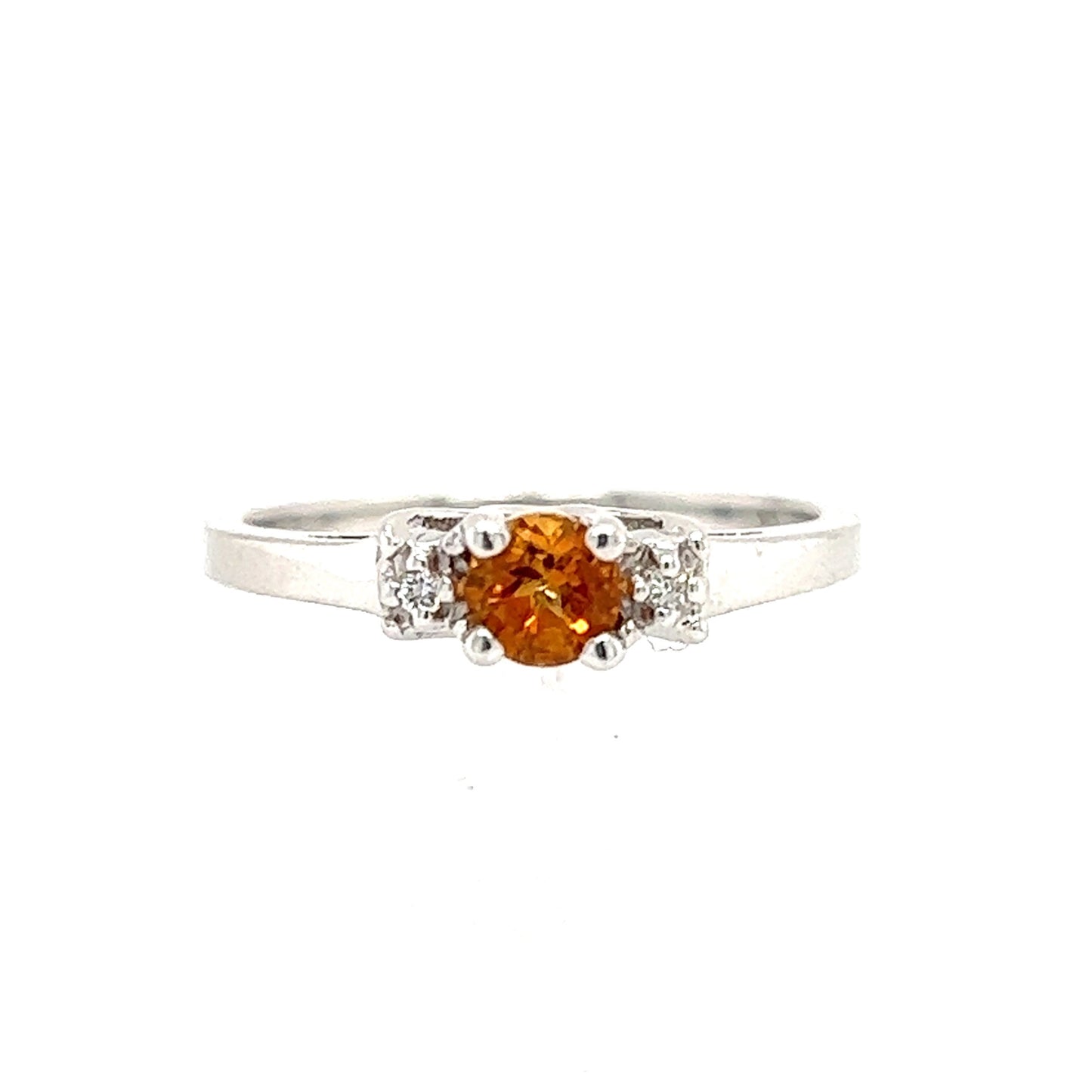 Round Citrine Ring with Side Diamonds in 14K White Gold Front View