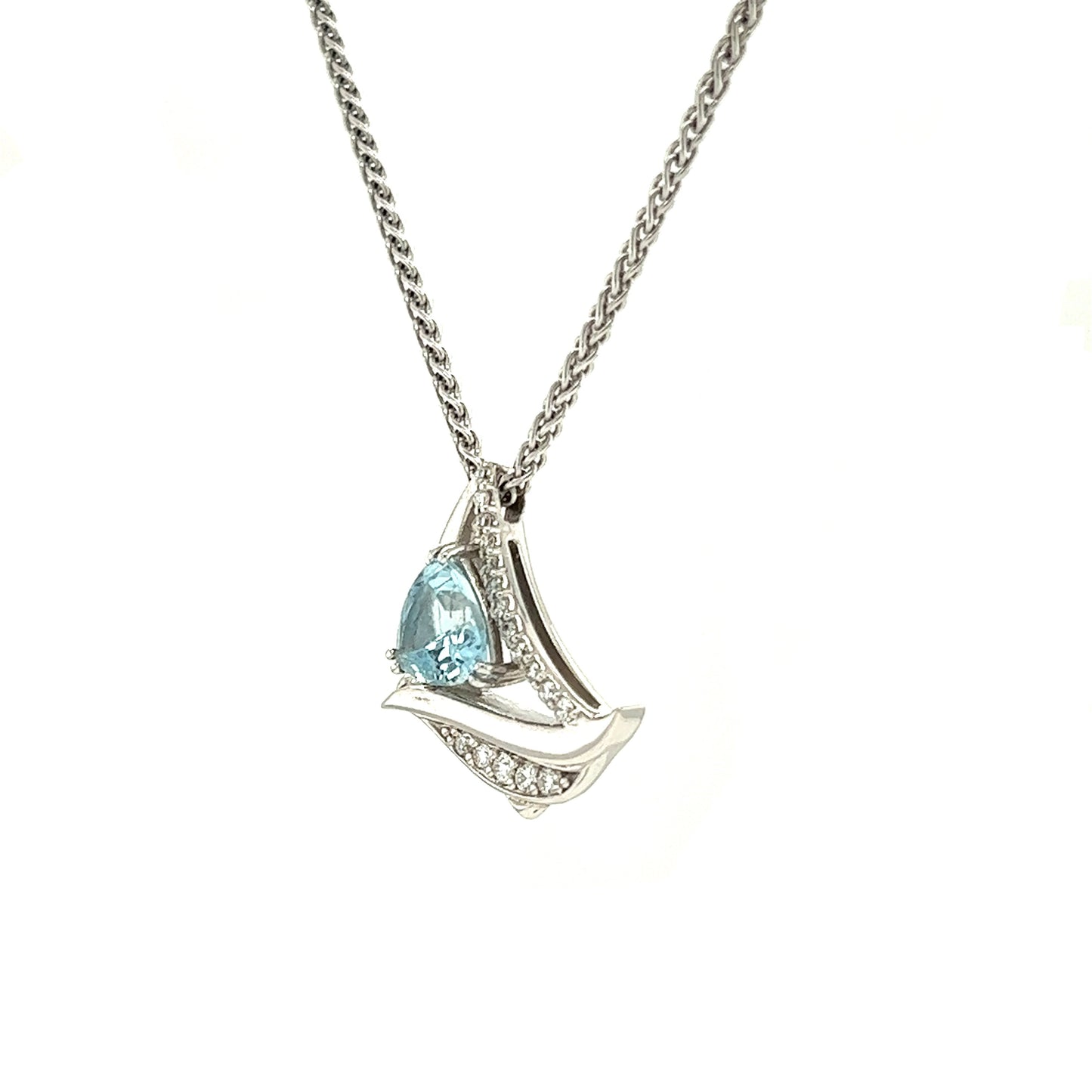 Trillion Aquamarine Sailboat Necklace with Seventeen Accent Diamonds in 14K White Gold Left Side View
