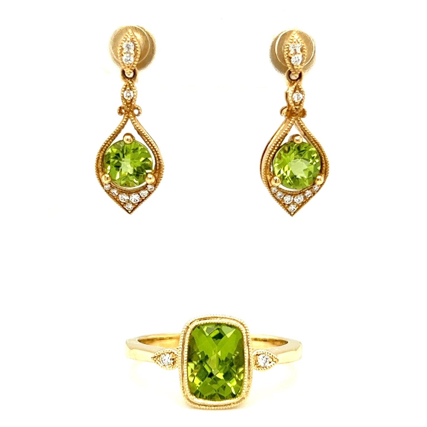 Round Peridot Drop Earrings with Twenty Diamonds in 14K Yellow Gold and Cushion Peridot Ring with Two Side Diamonds in 14K Yellow Gold Front View