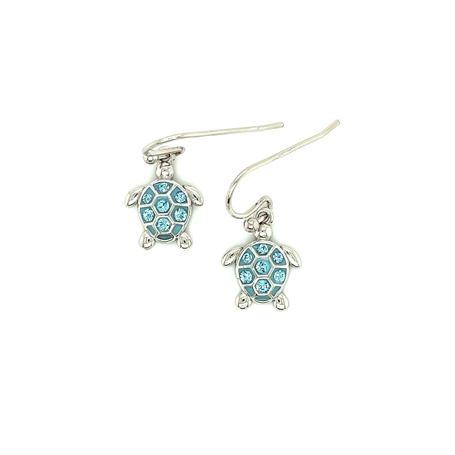 Sea Turtle Dangle Earrings with Aqua Crystals in Sterling Silver Front View