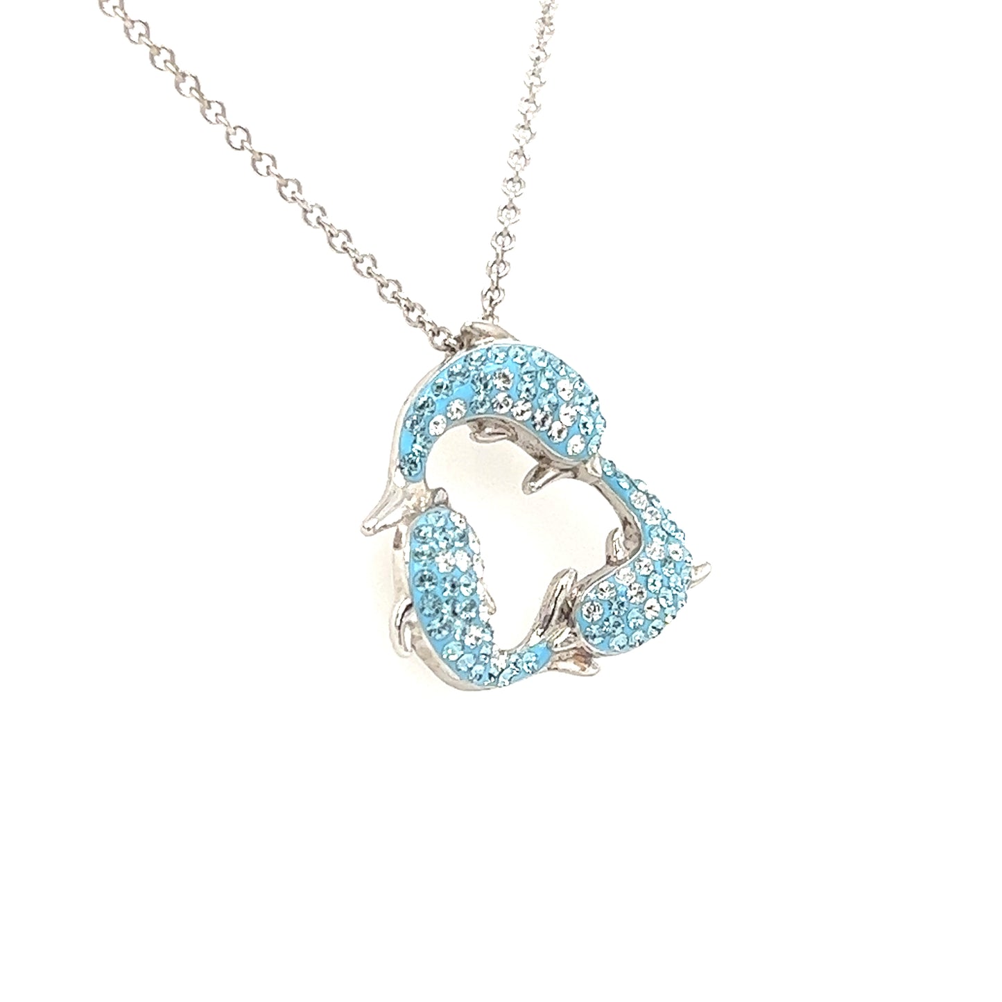 Turquoise Dolphin Trio Necklace with White Crystals in Sterling Silver Left Side View