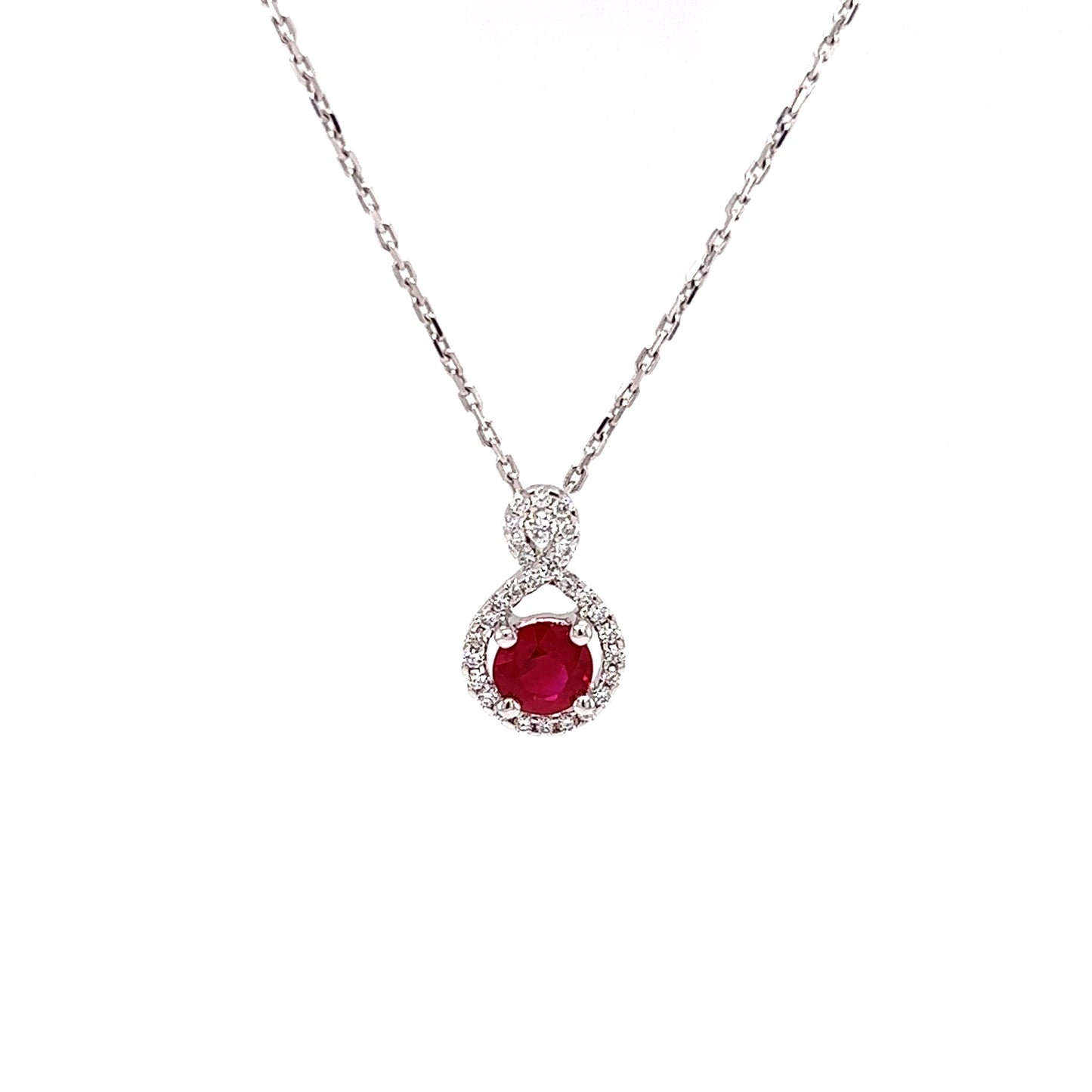 Round Ruby Necklace with 0.15ctw of Diamonds in 14K White Gold Pendant Font View