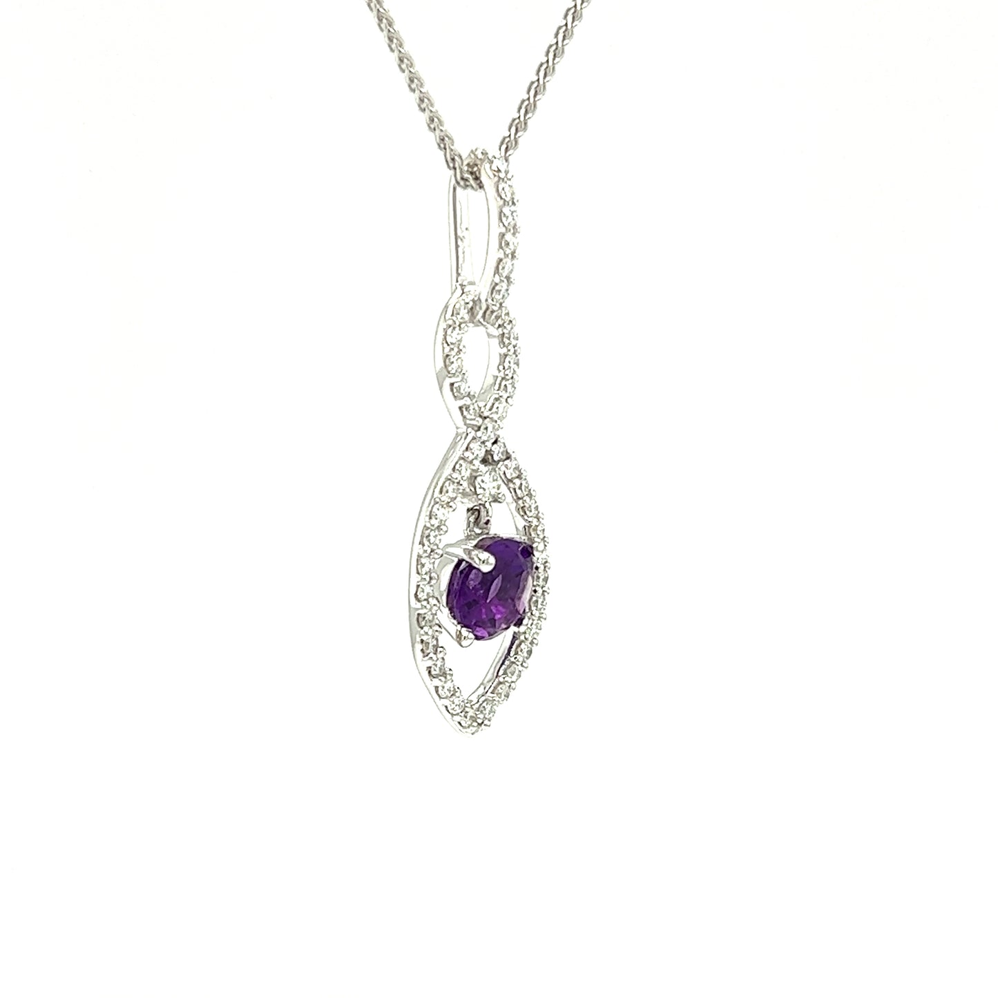 Amethyst Infinity Pendant with Forty-Six Diamonds in 14K White Gold Left Side View