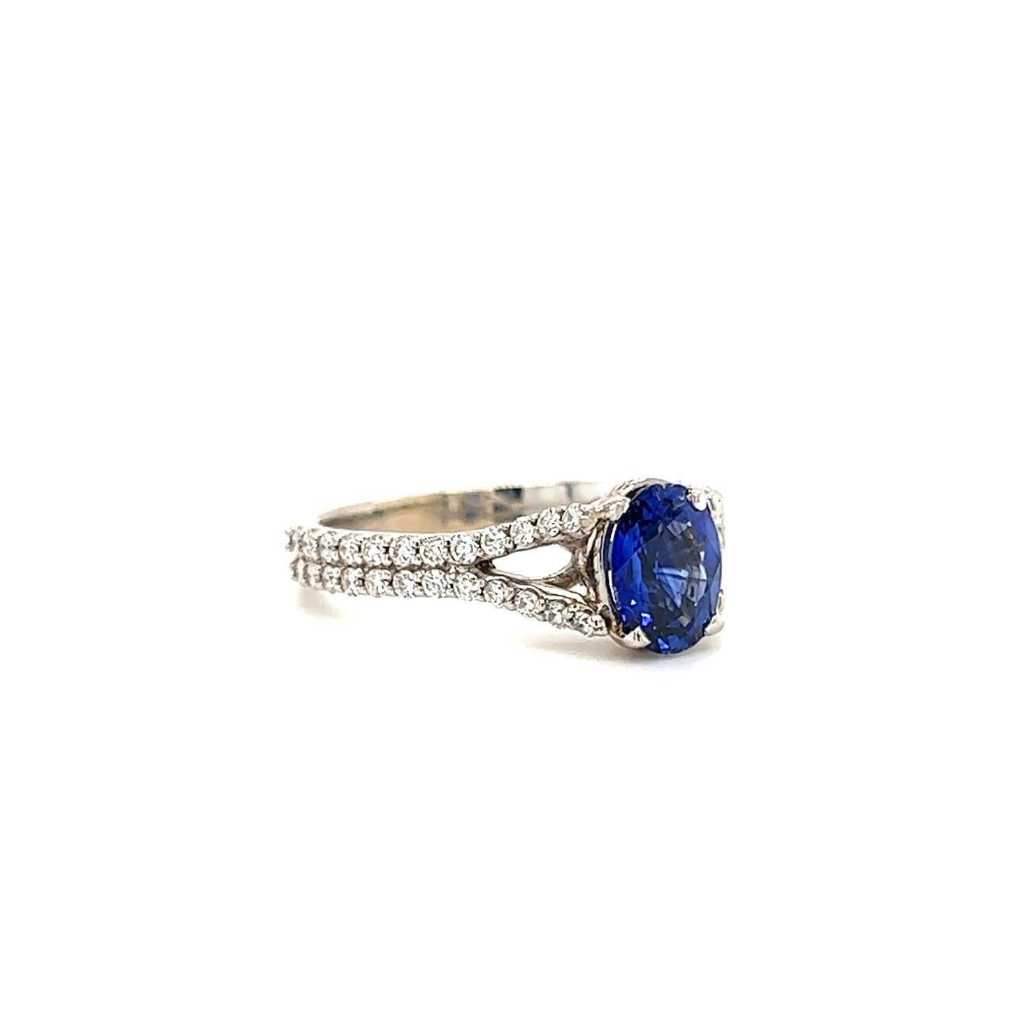 Oval Blue Sapphire Ring with Split Diamond Shank in 14K White Gold Right Side View