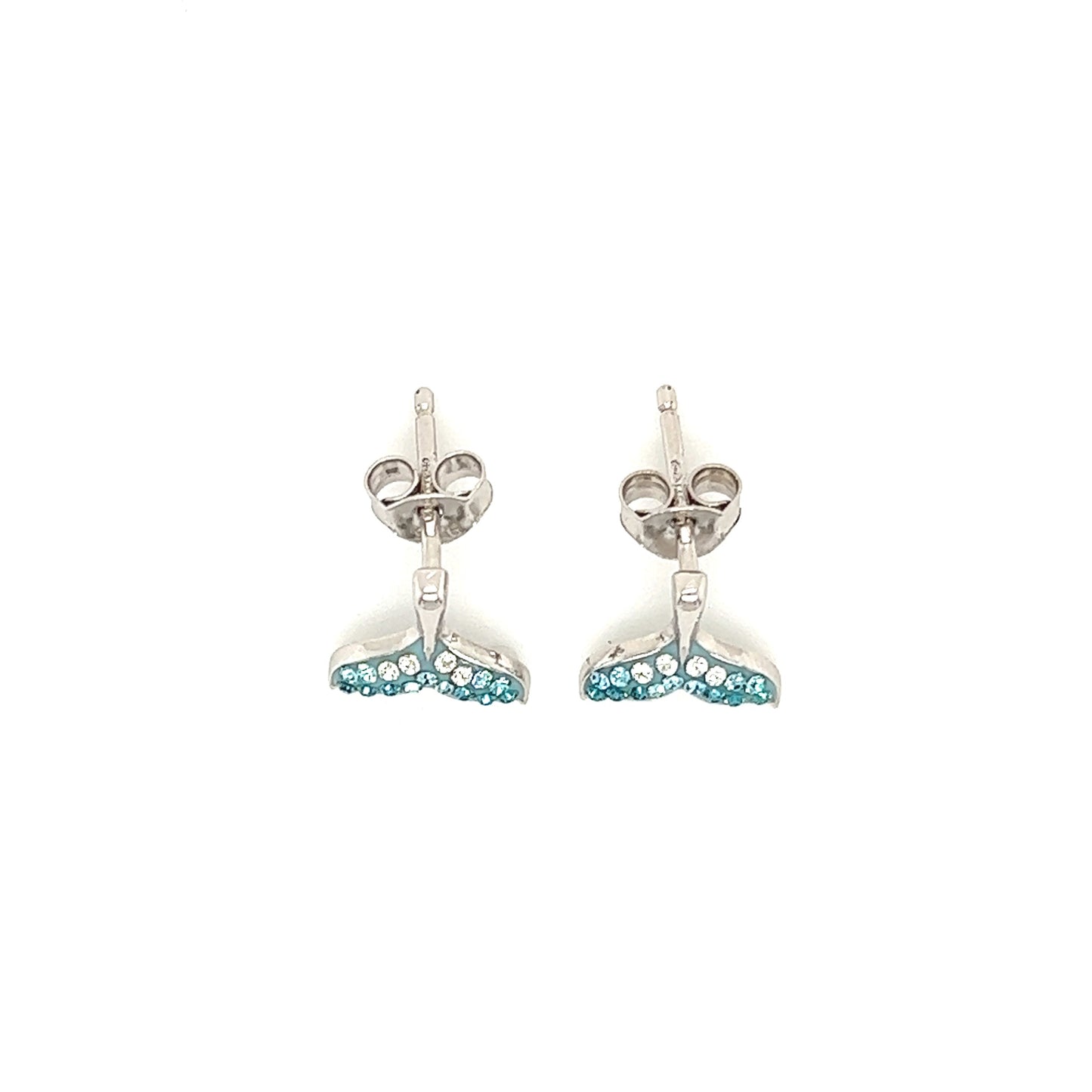 Whale Tail Stud Earrings with Turquoise Crystals in Sterling Silver. Top View