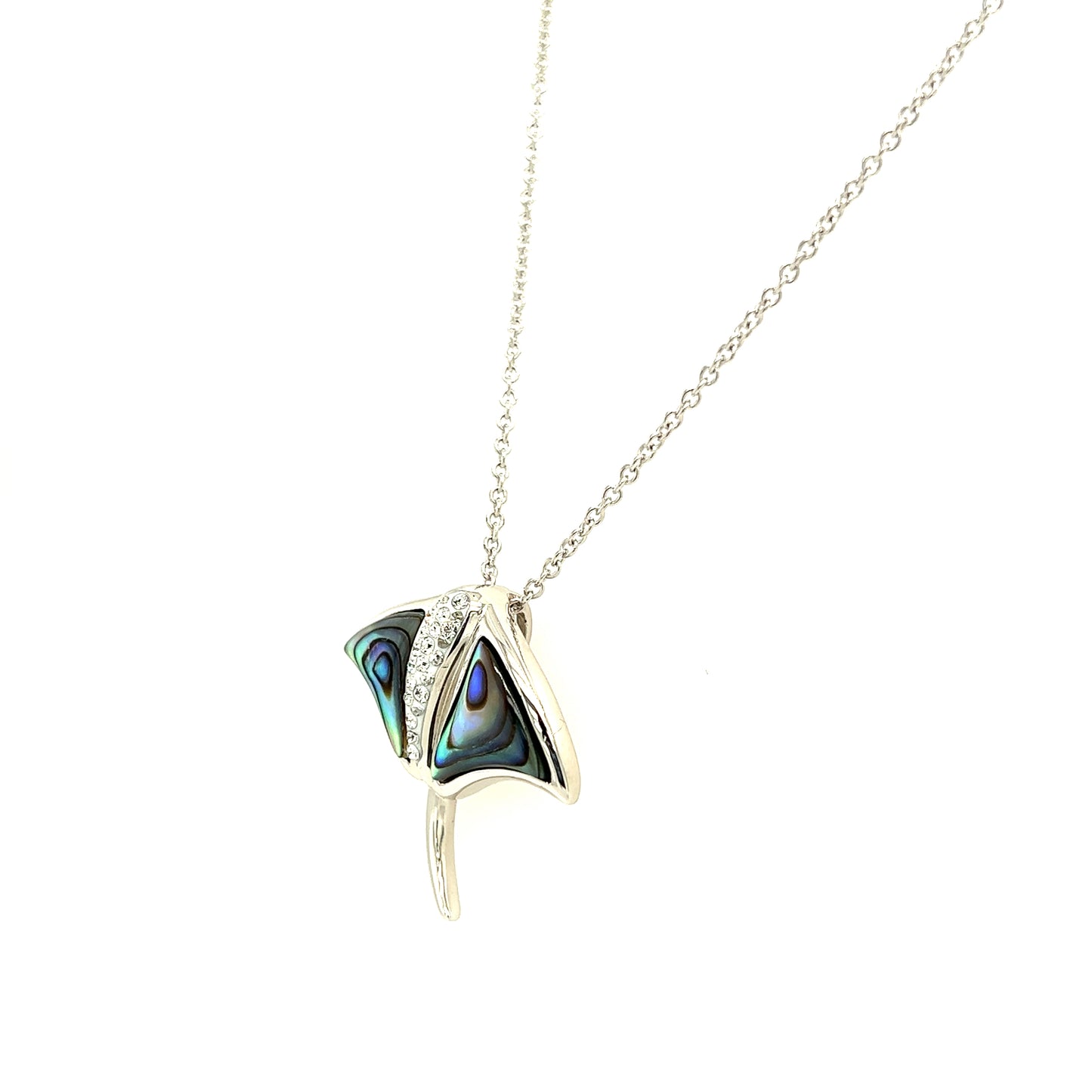 Manta Ray Necklace with Abalone Shell and White Crystals in Sterling Silver Right Side View
